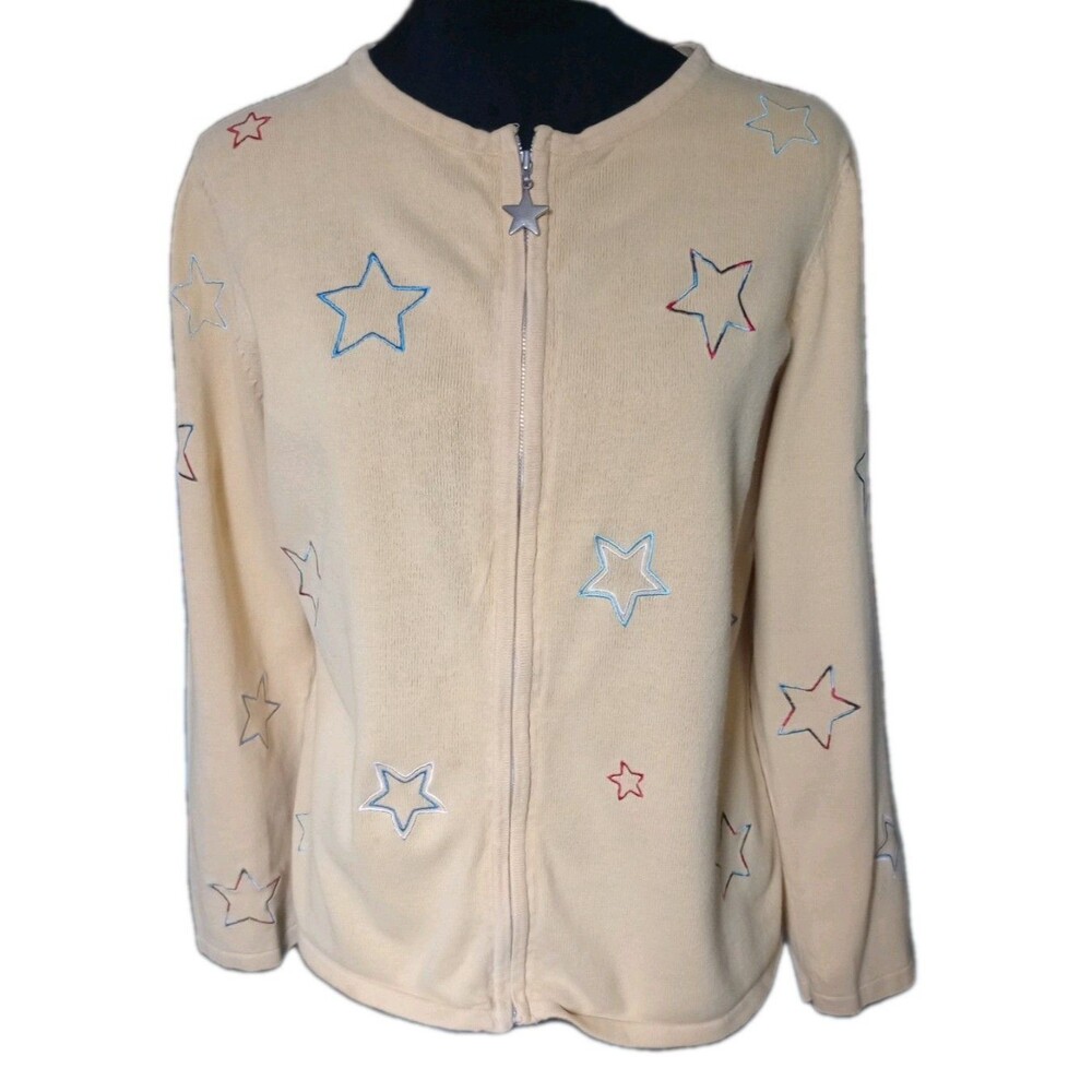 Christopher & Banks Women's M  Zip Yellow Cardigan With Multicolor Stars, Vtg